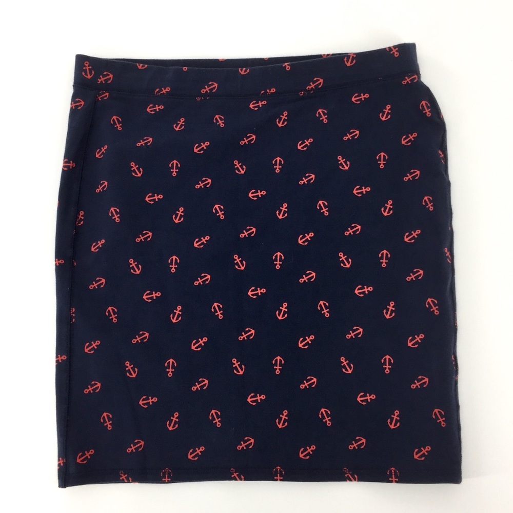 Navy Knit Pencil Skirt Red Anchor Print L Comfort Nautical Ocean Casual Travel